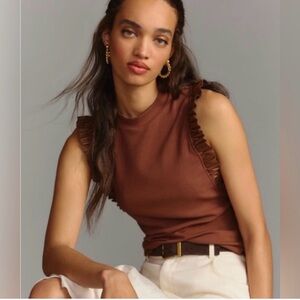 Anthropologie Sunday in Brooklyn Brown Ruffle Trim Sleeveless Tank size large‎